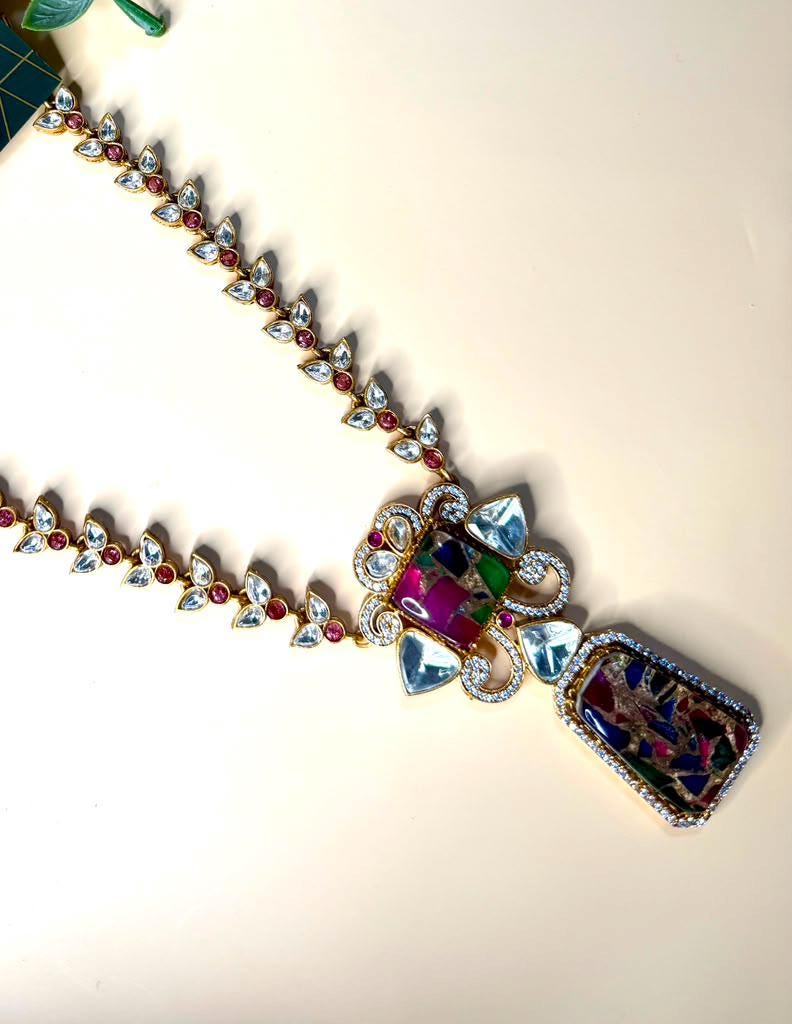 Mosaic Art Statement Necklace Set, Geometric Pendant Jewelry Set, Contemporary Ethnic.