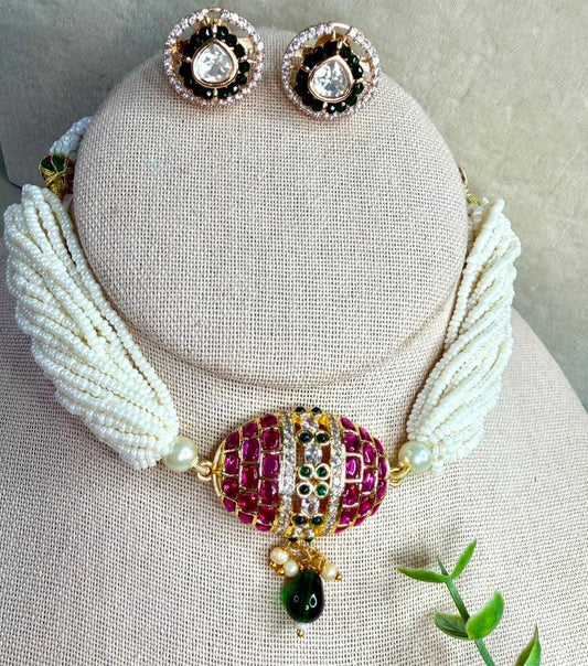 Multi Strand Beaded Choker Necklace, Kundan Statement Jewelry Set, Bridal Wedding Necklace with Stud