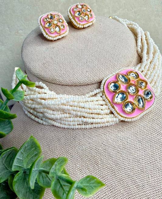 Pink Kundan Beaded Choker Set, Multi Strand Pearl Necklace, Bridal Wedding Jewelry