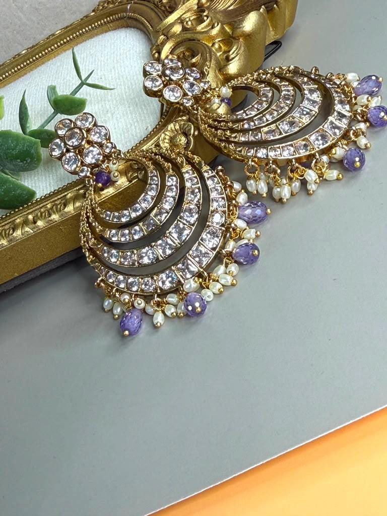 Crystal Crescent Chandbali Earrings, Lavender Drop Statement Earrings, Indian Pakistani Wedding Jewelry