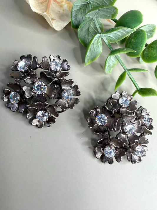 Black Floral Crystal Statement Earrings, Gunmetal Flower Stud Earrings, Modern Party Jewelry Gift.