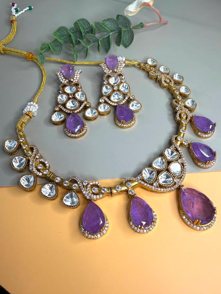 Crystal Statement Necklace Set, Kundan Wedding Jewelry, Pakistani Indian Necklace with Earrings