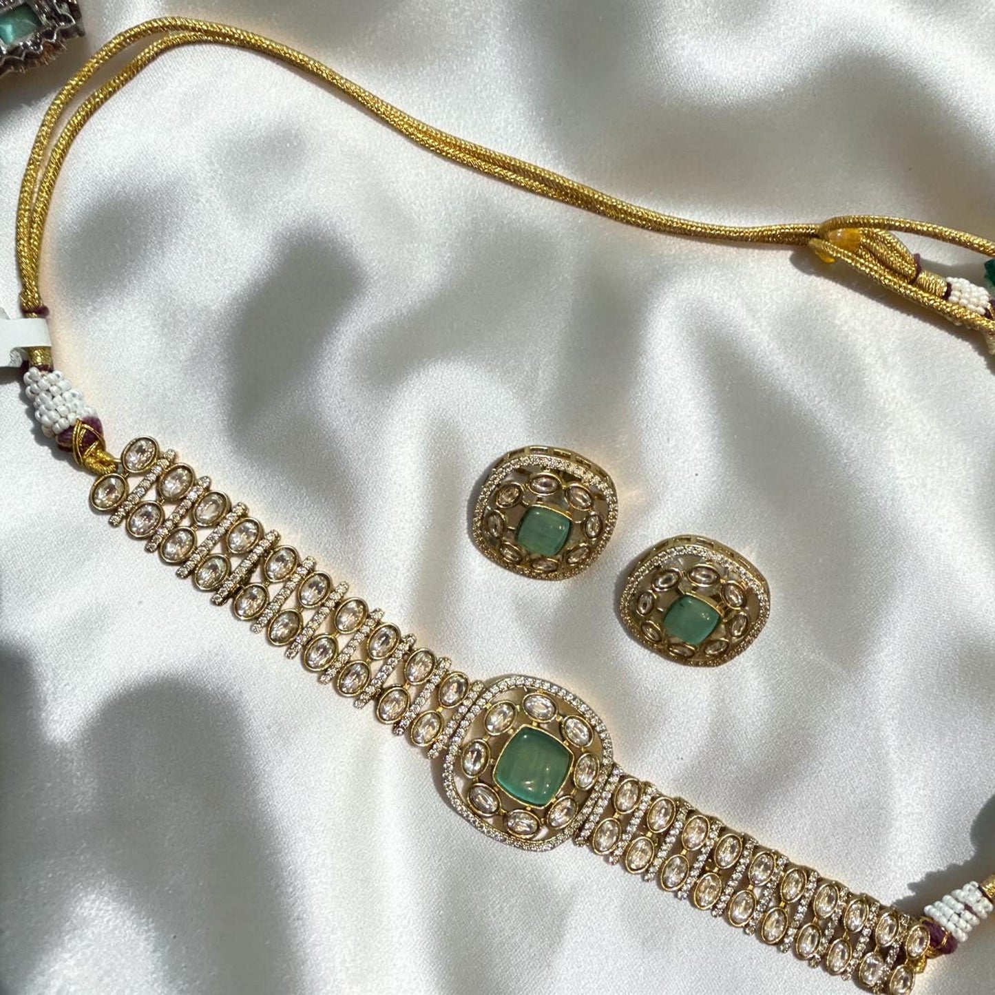 Mint Green Choker Set, Indian Bridal Jewelry Set, Gold Statement Necklace