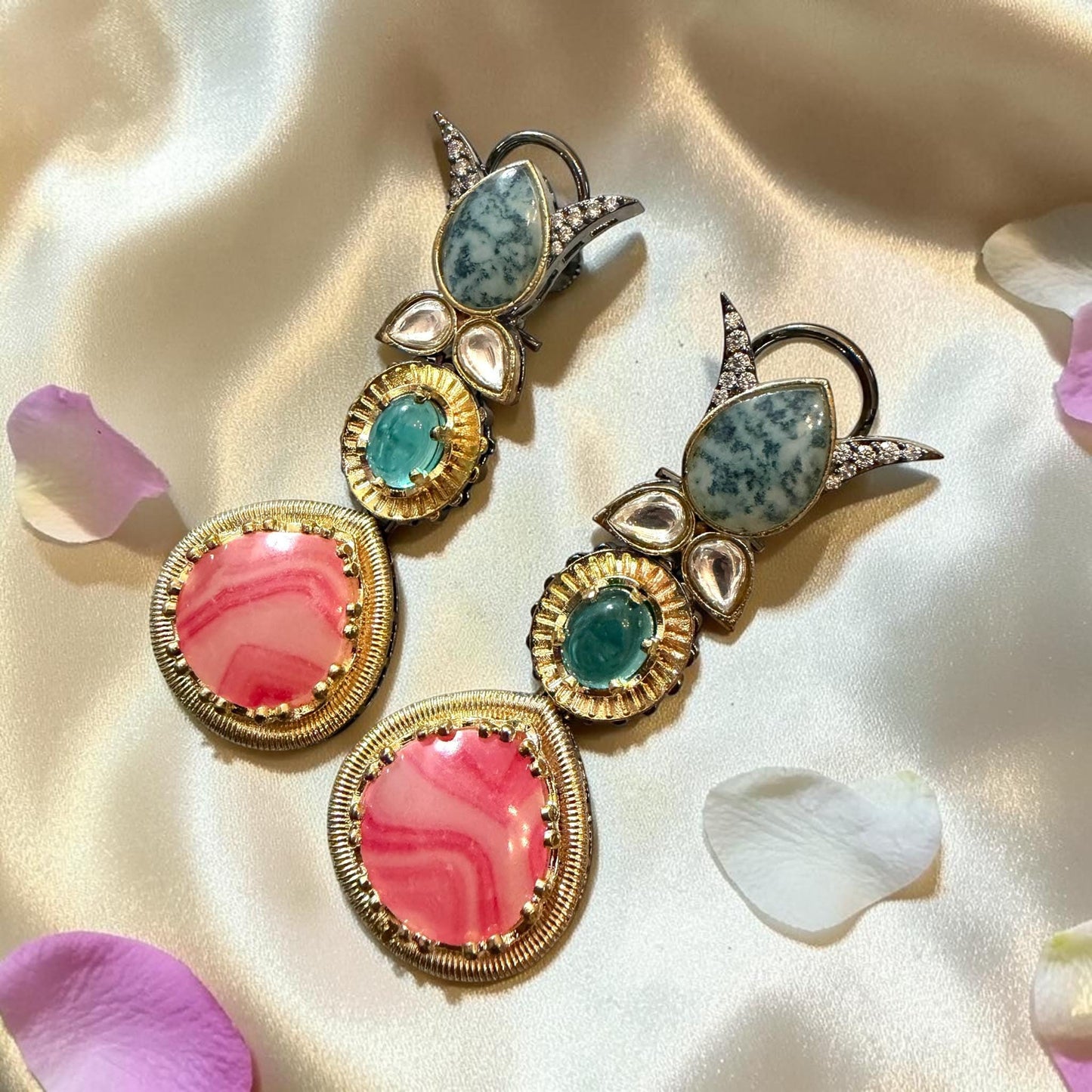 Pink Statement Earrings, Multicolor Gemstone Earrings, Artistic Drop Earrings.