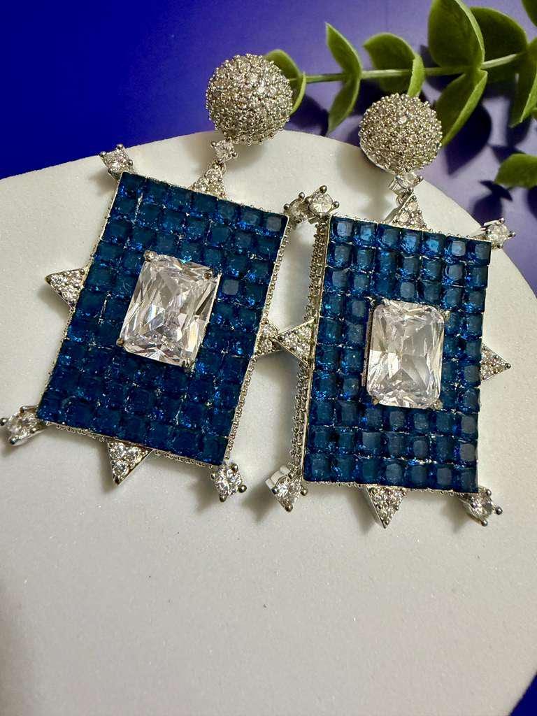 Royal Blue Geometric Statement Earrings Rectangle Drop Earrings Luxury Designer CZ Earrings