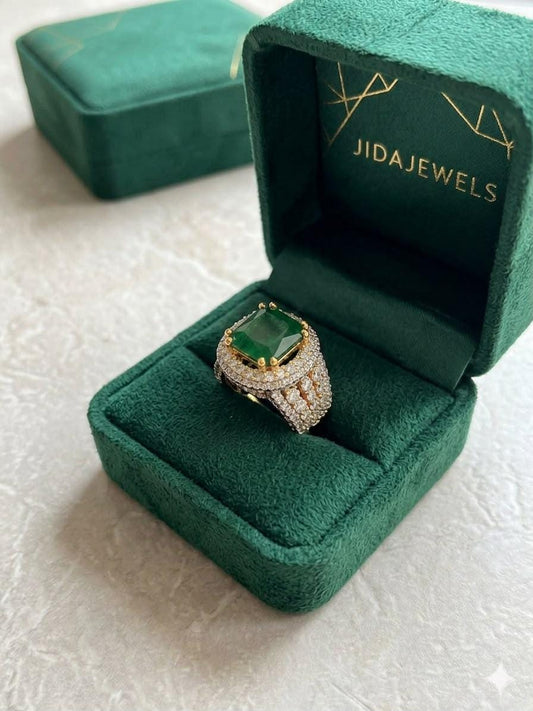 Emerald Green Statement Ring, Cut Cocktail , Crystal Halo Ring, Gold Tone Adjustable