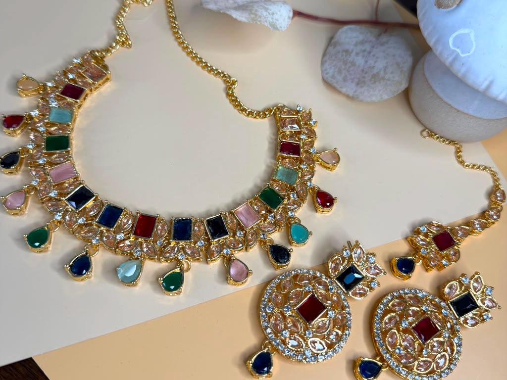 Multicolor Statement Jewelry Set, Gold Tone Necklace and Earrings Set, Colorful Pendant