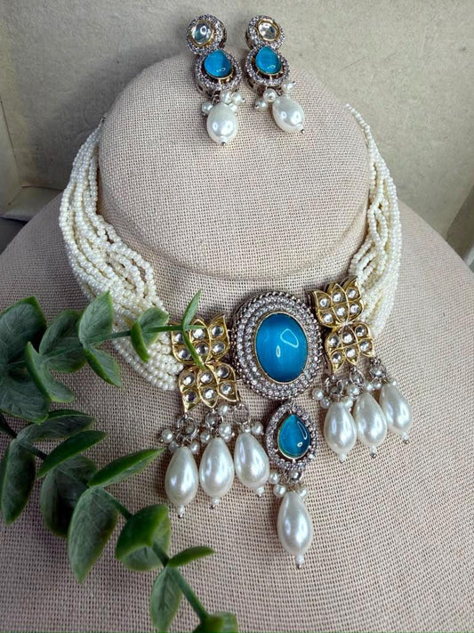 Turquoise Pearl Choker Set, Statement Bridal Necklace, Multi Strand Pearl Jewelry