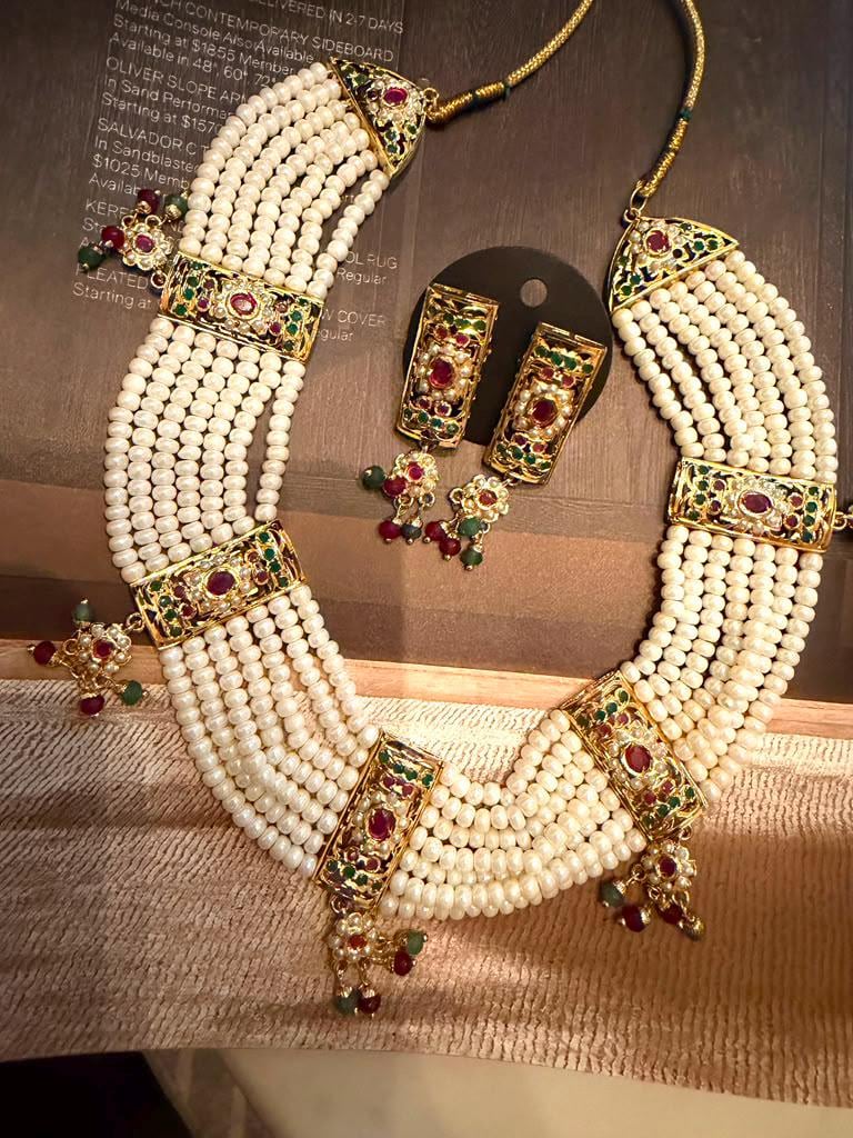 Multi Strand Pearl Statement Necklace Set, Traditional Bridal Necklace, Matching Earrings