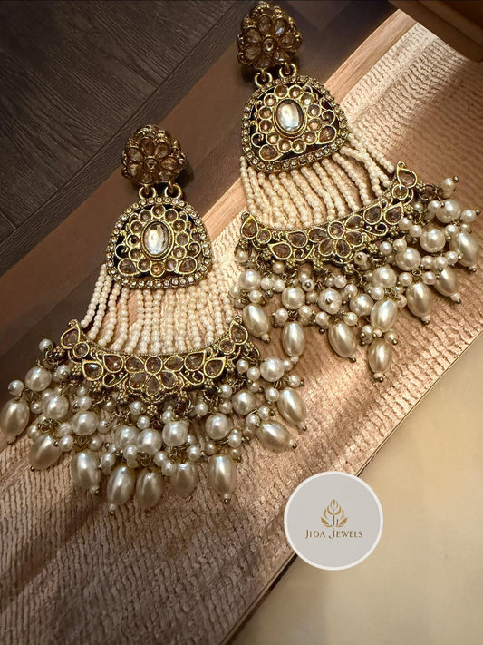 Pearl Tassel Chandbali Earrings, Statement Bridal, Vintage Wedding Jewelry, Traditional Pearl Drop