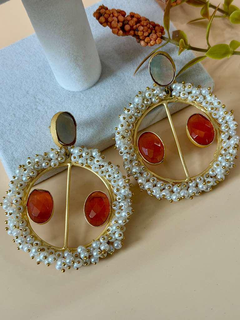 Pearl Hoop Statement Earrings for Women, Beaded Circle Drop Earrings, Bridal Party