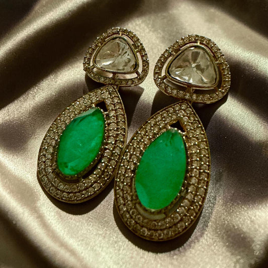 Emerald Green Teardrop Earrings, Vintage Gold Statement Earrings, Designer Inspired Bridal Jewelry