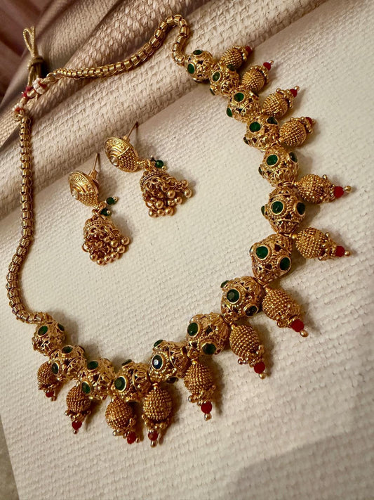 Traditional Gold Tone Choker Necklace Set, Green Stone Bridal Jewelry Set