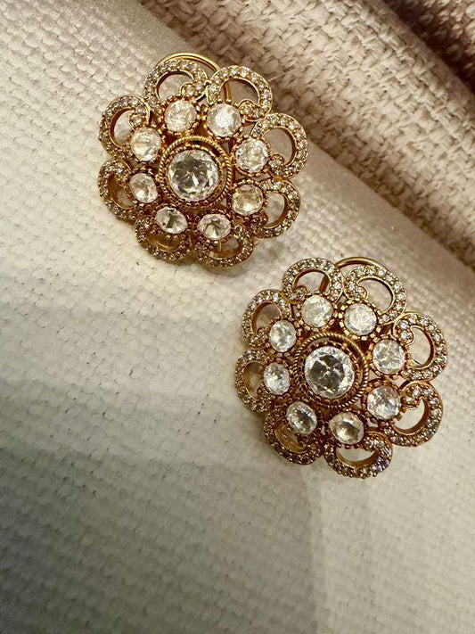 Vintage Floral Gold Tone Stud Earrings, Bridal Statement Earrings, Elegant Wedding Jewelry