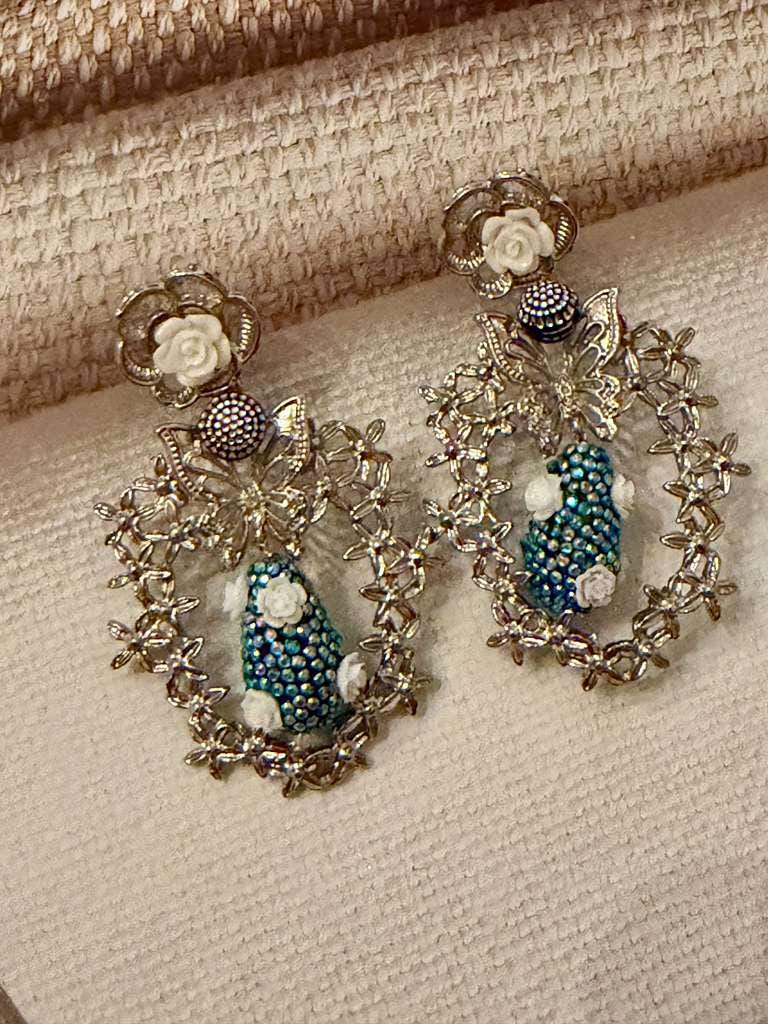 Peacock Statement Earrings, Blue Bird Floral Dangle Earrings, Silver Tone Vintage Jewelry