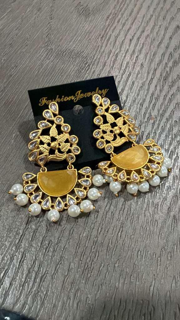 Mustard Yellow Kundan Style Earrings, Gold Tone Pearl Dangle Earrings