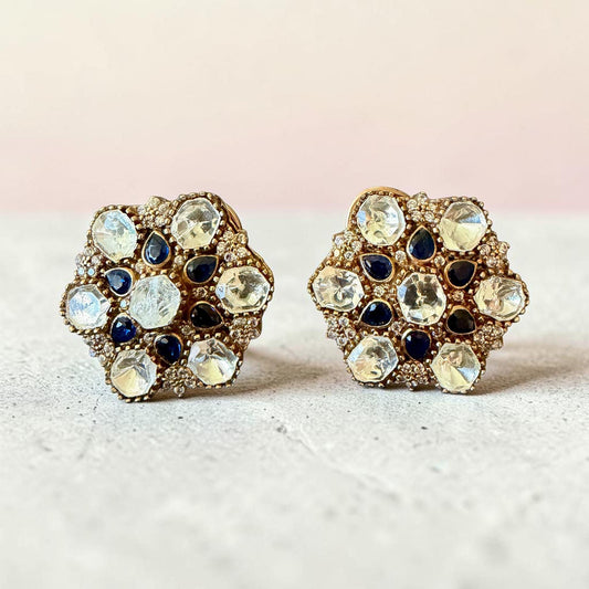 Kundan Inspired Stud Earrings, Gold Tone Floral Cluster, Sapphire Blue Bridal Jewelry