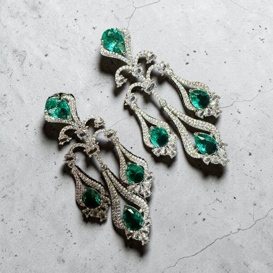 Emerald Green Teardrop Chandelier Earrings, Luxury Bridal Dangle Earrings, Silver Tone Statement Wedding Jewelry.