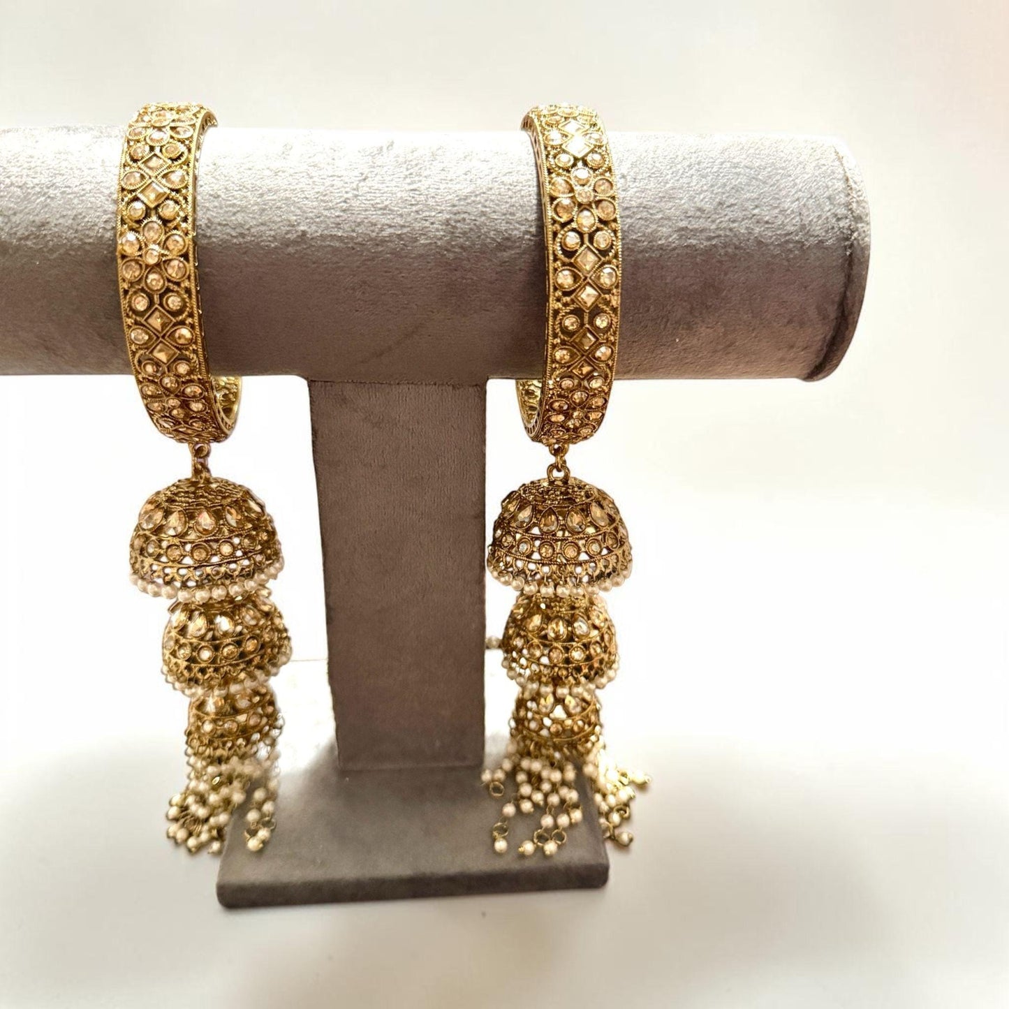 Mughal Noor Jhumka Bangles, reverse ad Gold Bridal Hand Jewelry, Traditional Indian Pakistani Bangles.