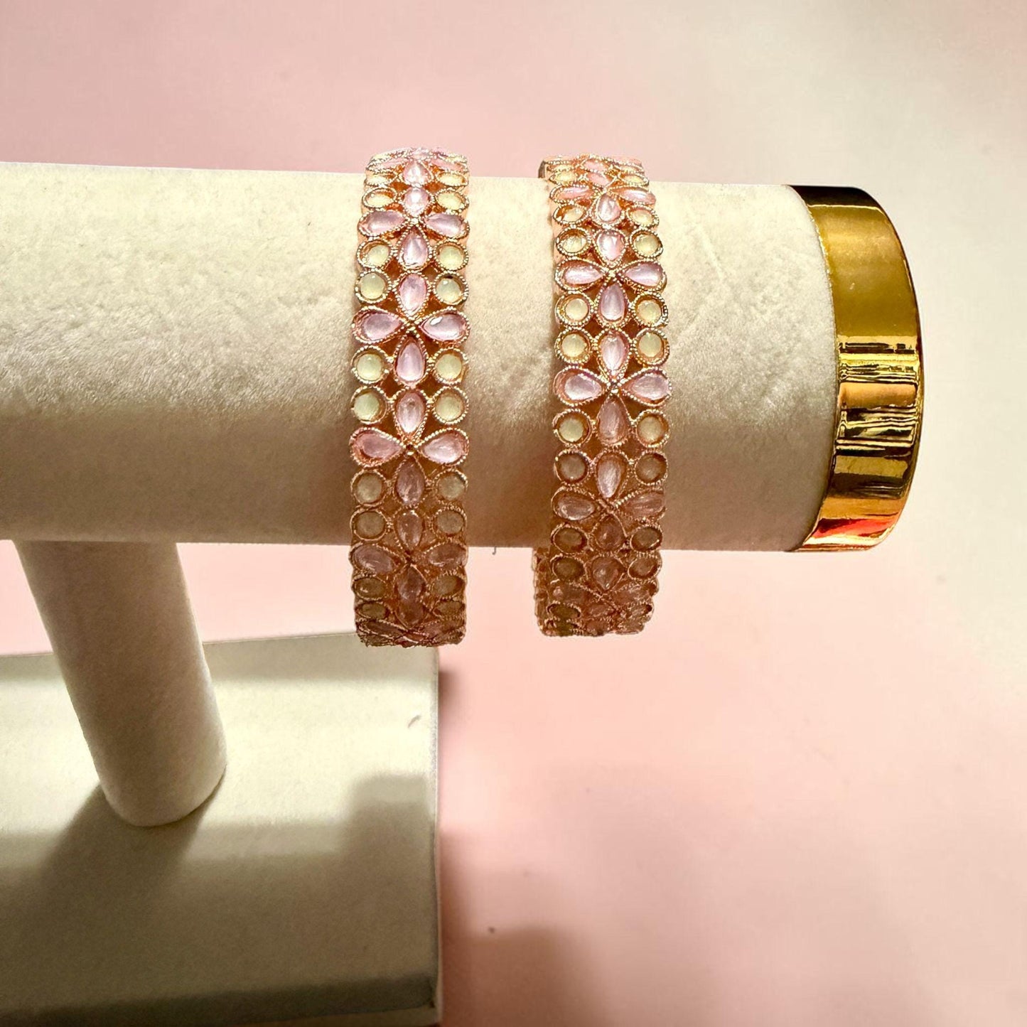 Petal Blush Floral Bangles Set, Rose Gold Bridal Bangles, Elegant Wedding Jewelry.