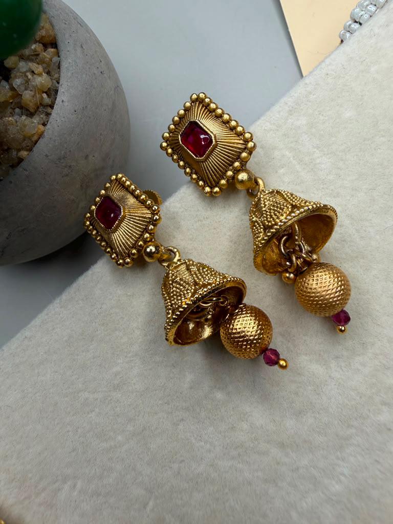 Traditional Indian Necklace Set with Jhumka Earrings, Gold Tone Bridal Jewelry Set.