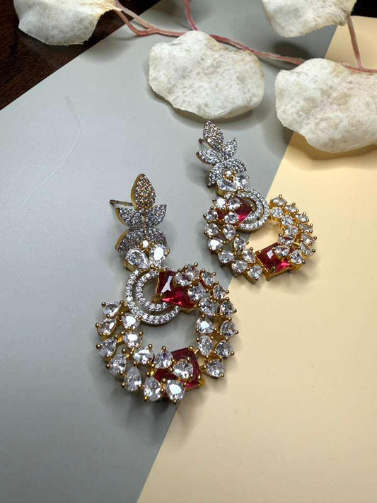 Luxury CZ Floral Hoop Earrings, Gold Plated Statement Dangle Earrings