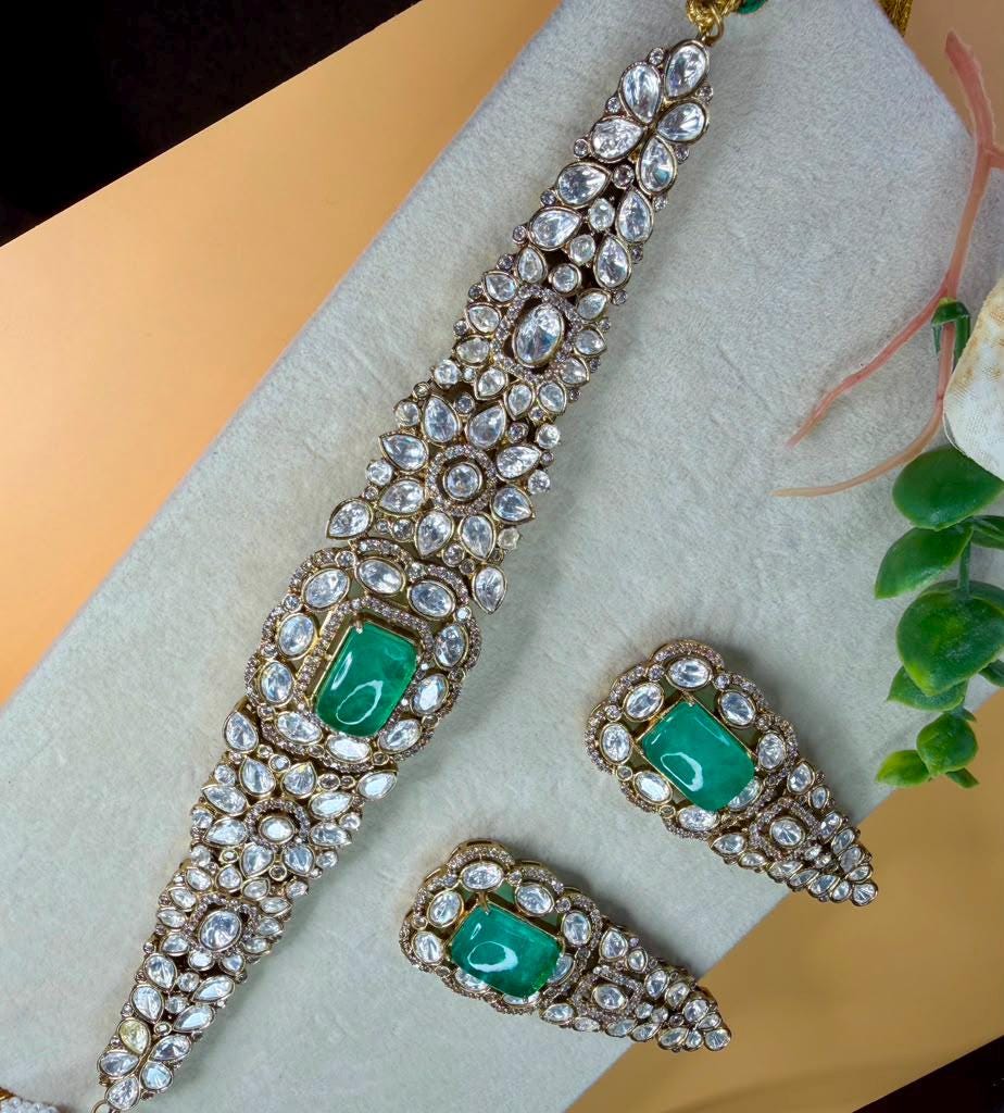 Emerald Polki Choker Set, Bridal Statement Choker Necklace with Earrings, Wedding Reception Jewelry
