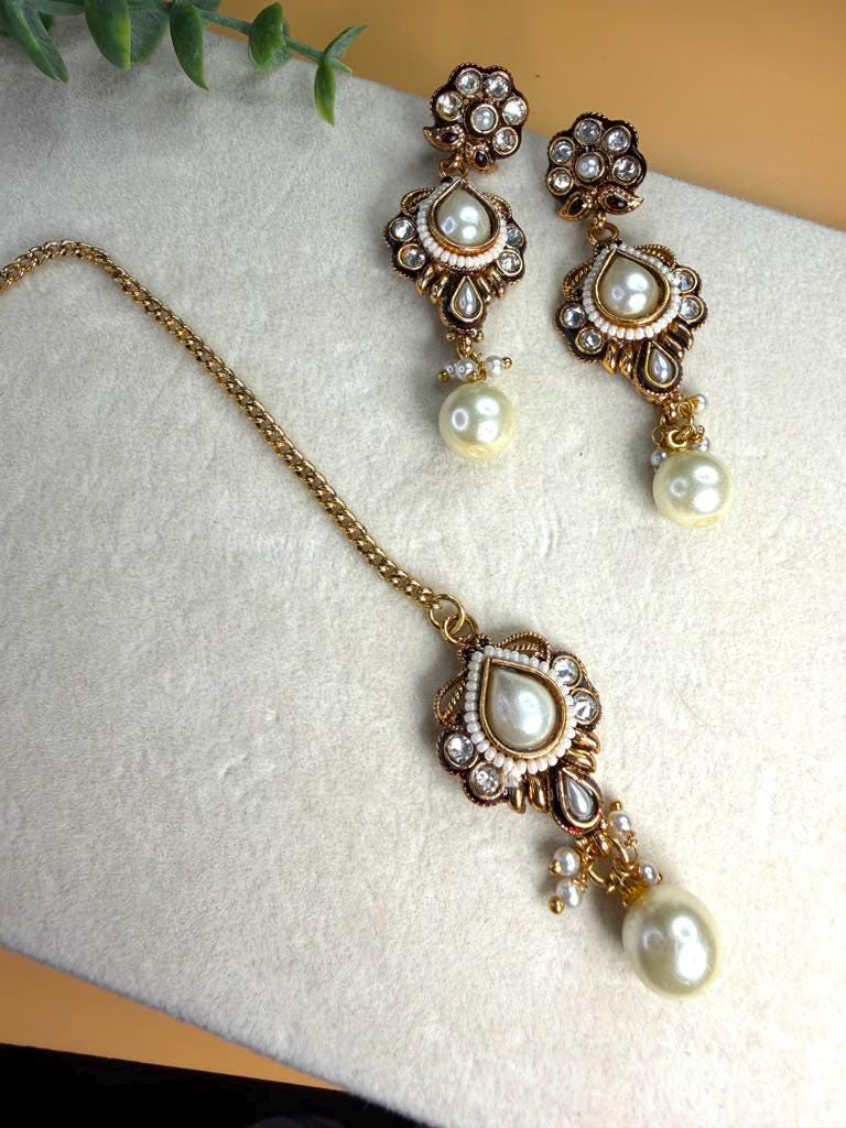 Pearl Polki Choker Set, Antique Bridal Necklace with Earrings, Traditional Wedding Jewelry Set