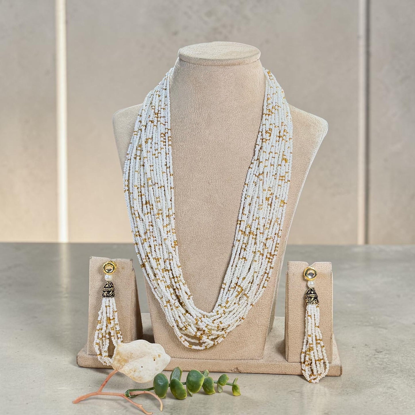 Layered Seed Bead Necklace Set, Long Statement Necklace with Tassel Earrings, Ethnic Wedding Jewelry