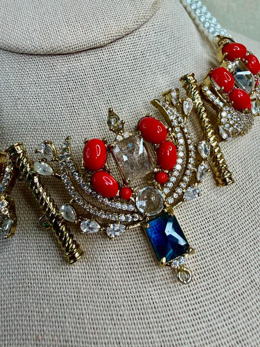 Pearl Statement Choker Necklace Set, Coral Inspired Bridal Jewelry, Wedding Set