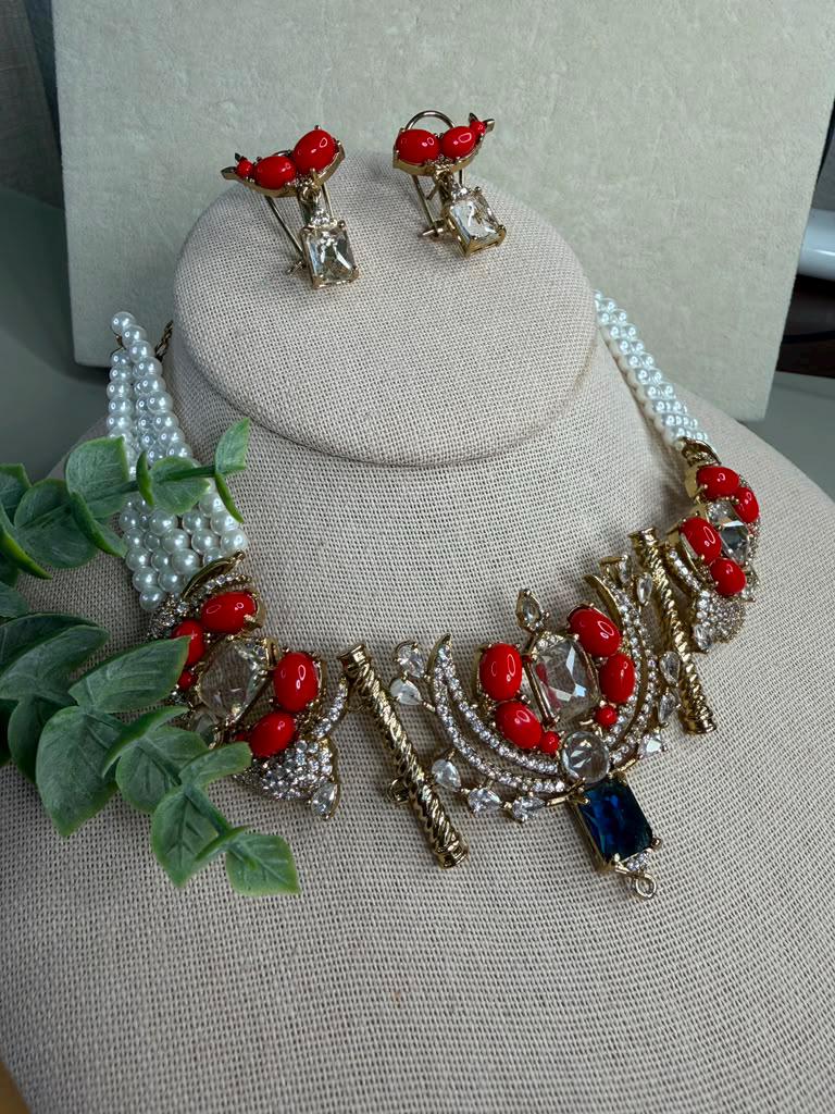 Pearl Statement Choker Necklace Set, Coral Inspired Bridal Jewelry, Wedding Set