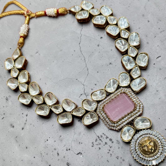 Kundan Polki Bridal wedding Jewelry Set Gold Necklace/Earrings Set.
