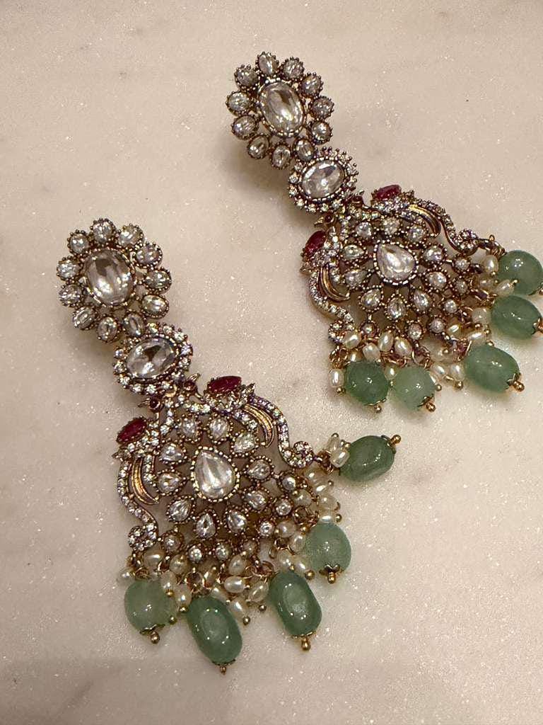 Mint Green Chandbali Earrings, Gold Plated Statement Earrings