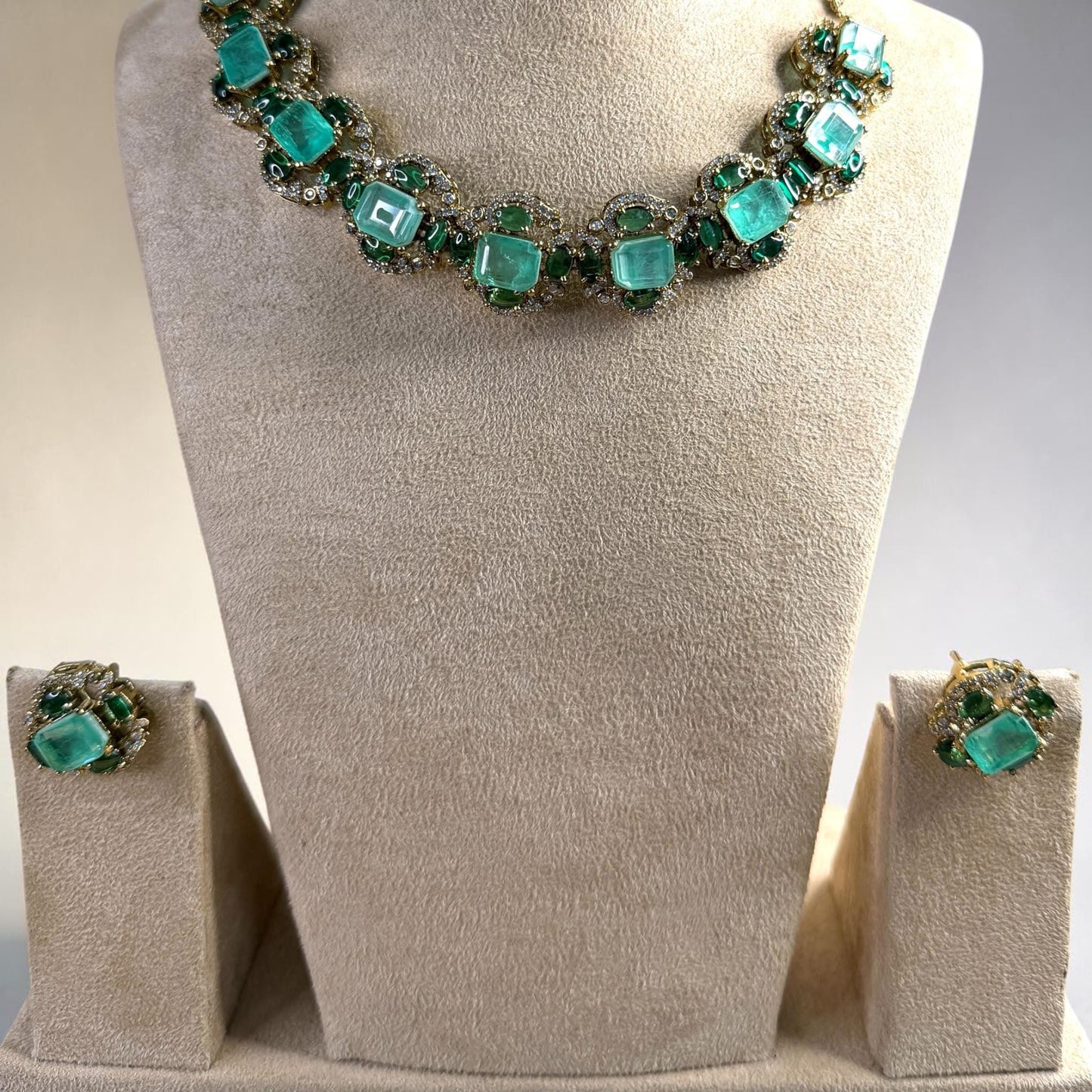 Emerald Green Crystal Statement Necklace Set, Art Deco Evening Jewelry, Wedding Necklace with Earrings