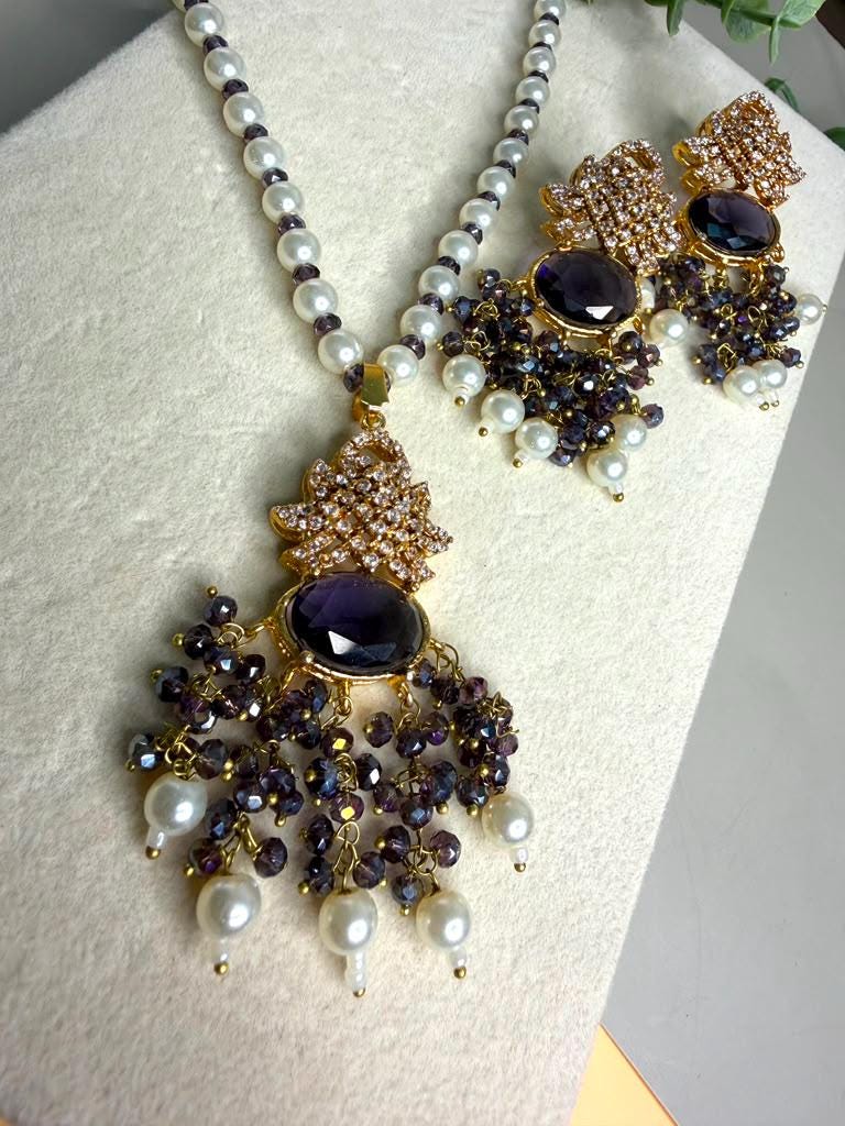 Purple Pearl Tassel Necklace , Amethyst Statement Jewelry, Pakistani Indian Wedding Necklace Set