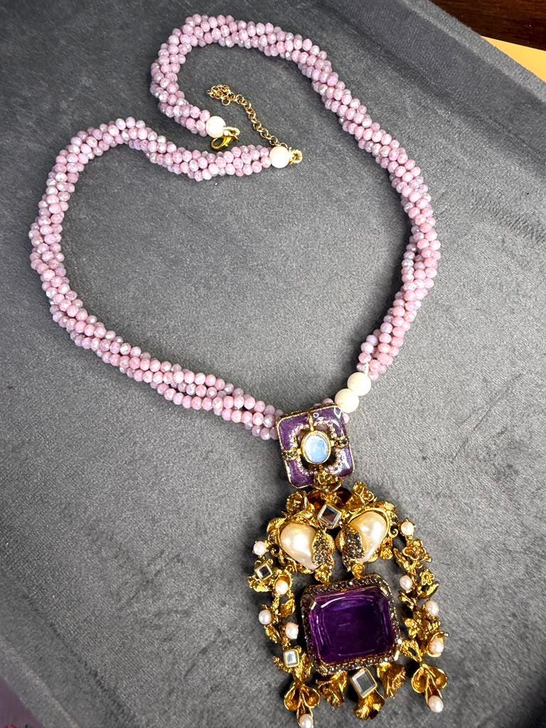 Crystal Floral Pendant Necklace, Romantic Statement Jewelry, Vintage Inspired Long Necklace