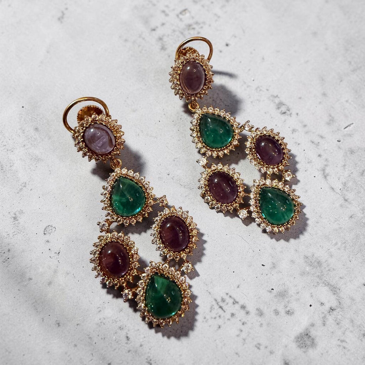 Purple & Emerald Statement Earrings, Vintage Gemstone Drop And Gold Evening Earrings