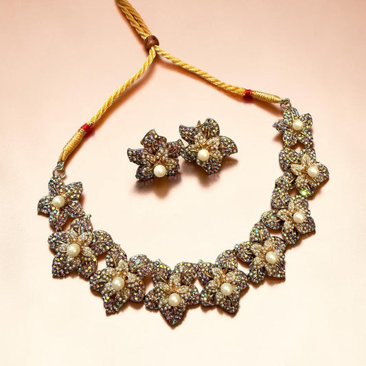 Floral Pearl Statement Choker Set, Crystal Flower Necklace Set, Bridal Jewelry Set