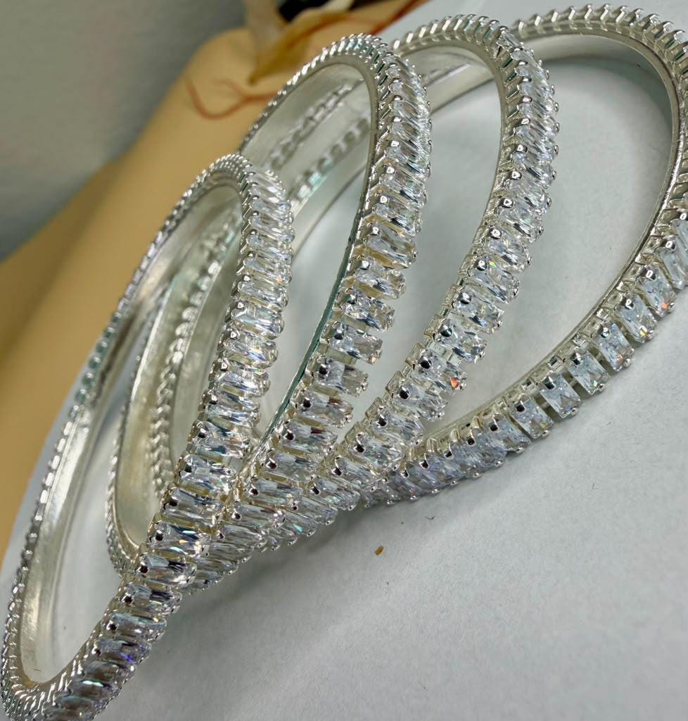 Silver Tone Tennis Bangle Set, Stackable Statement Bangles, Elegant Bridal Wrist Jewelry sizes 2.4 2.6 2.8