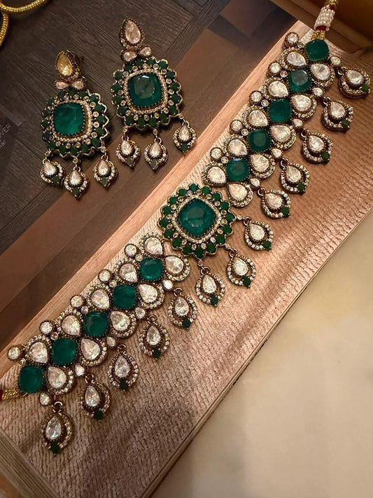 Emerald Green Bridal Choker Set, Statement Wedding Necklace, Matching Chandbali Earrings