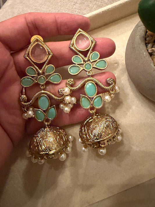 Gold Plated Mint Green Jhumka Earrings, Kundan Style Pearl Jhumki, Statement Drop Earrings