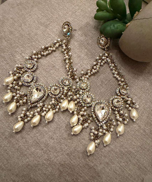 Gold Plated Kundan Style Pearl Chandbali Earrings, Statement Bridal Earrings