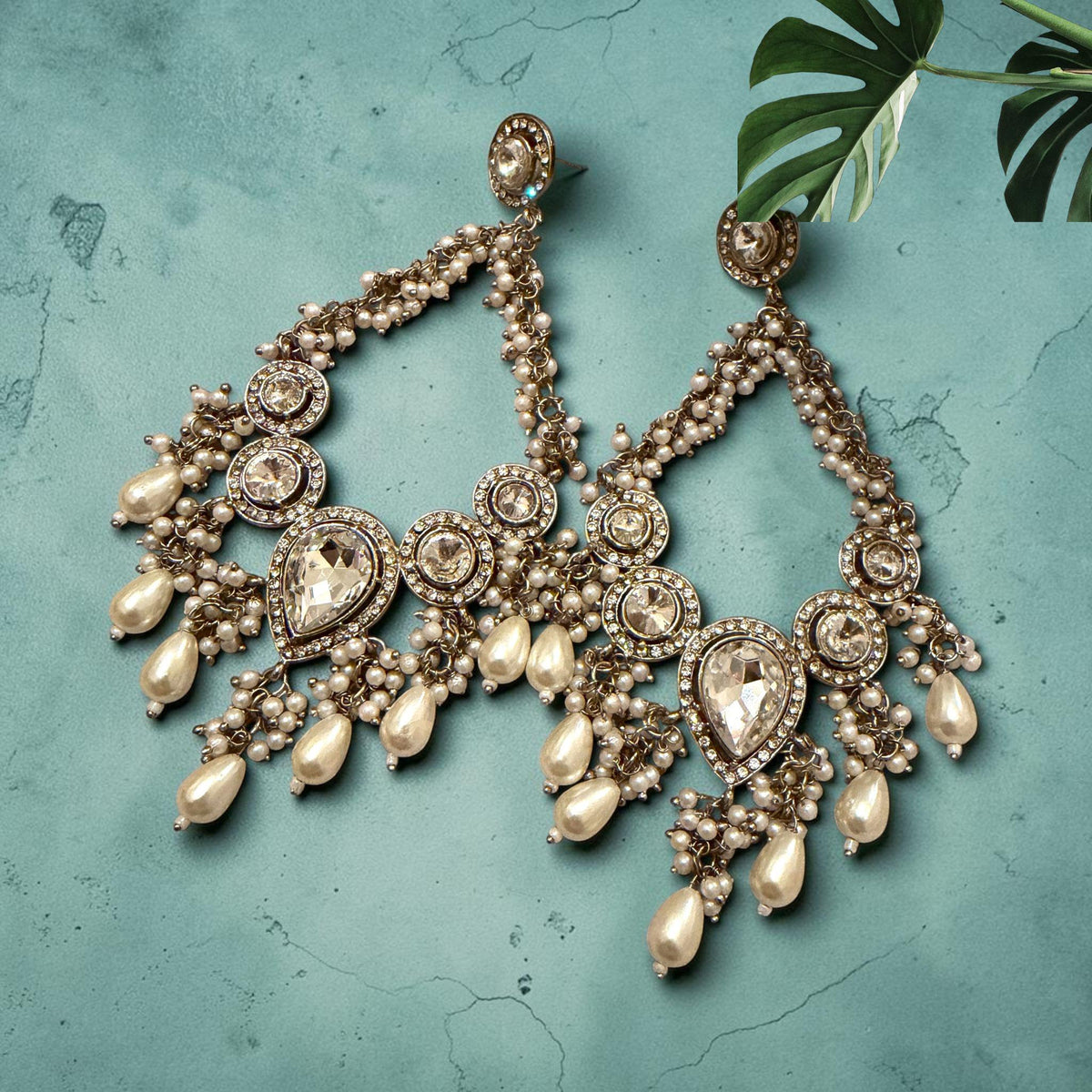 Gold Plated Kundan Style Pearl Chandbali Earrings, Statement Bridal Earrings