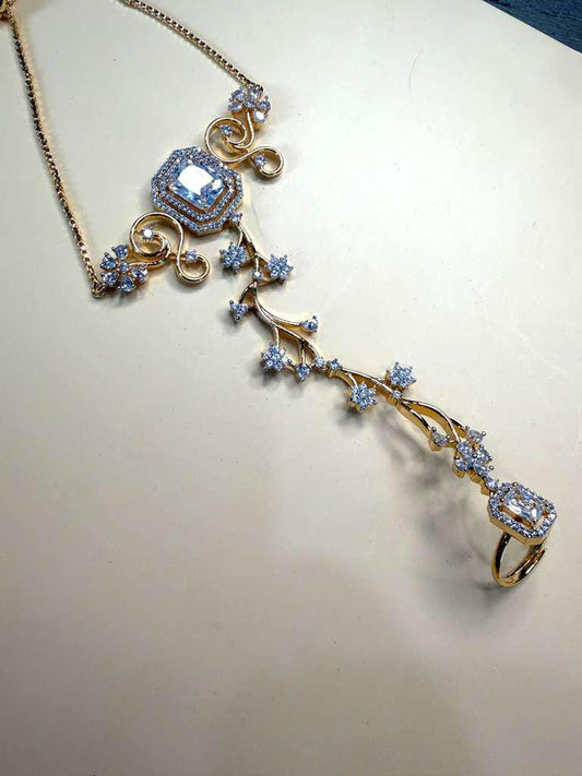 Floral Hathphool Hand Chain Bracelet Ring Set, Bridal Harness Jewelry, Statement Wedding Jewelry