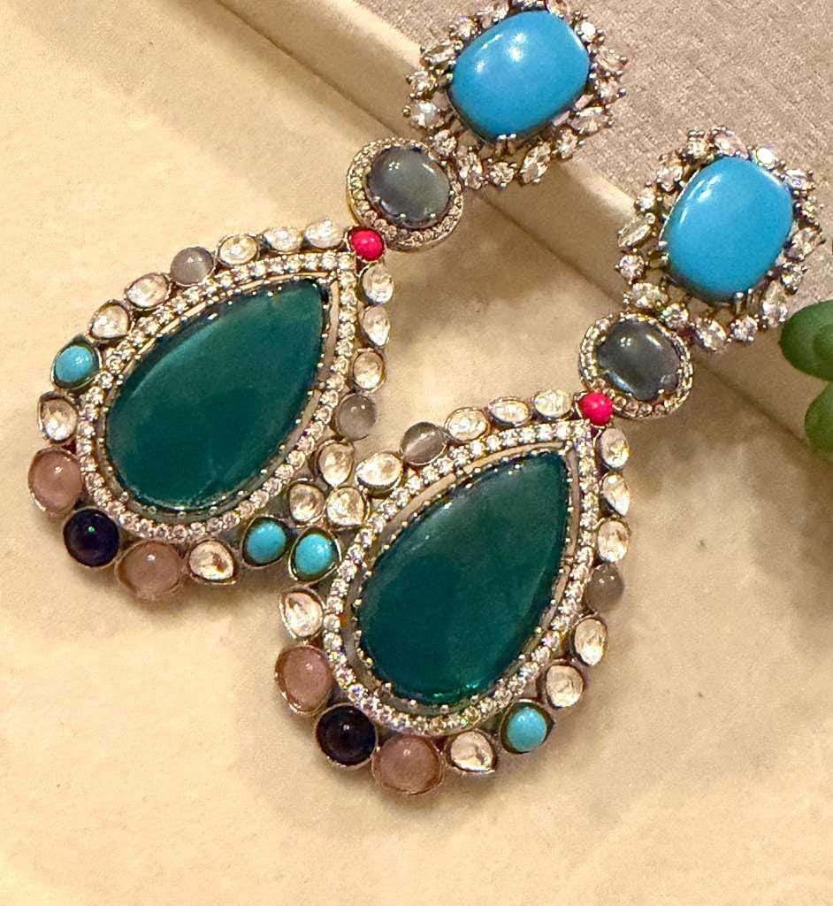 Gold Plated Turquoise Statement Earrings, Kundan Style Drop Earrings