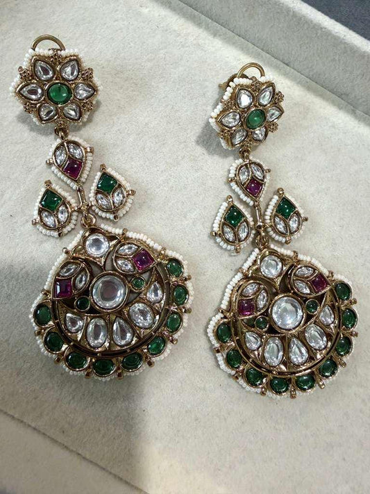 Gold Plated Kundan Chandbali Earrings, Green Stone Statement Earrings