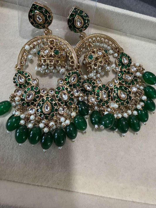 Gold Plated Green Chandbali Jhumka Earrings, Kundan Style Statement Earrings