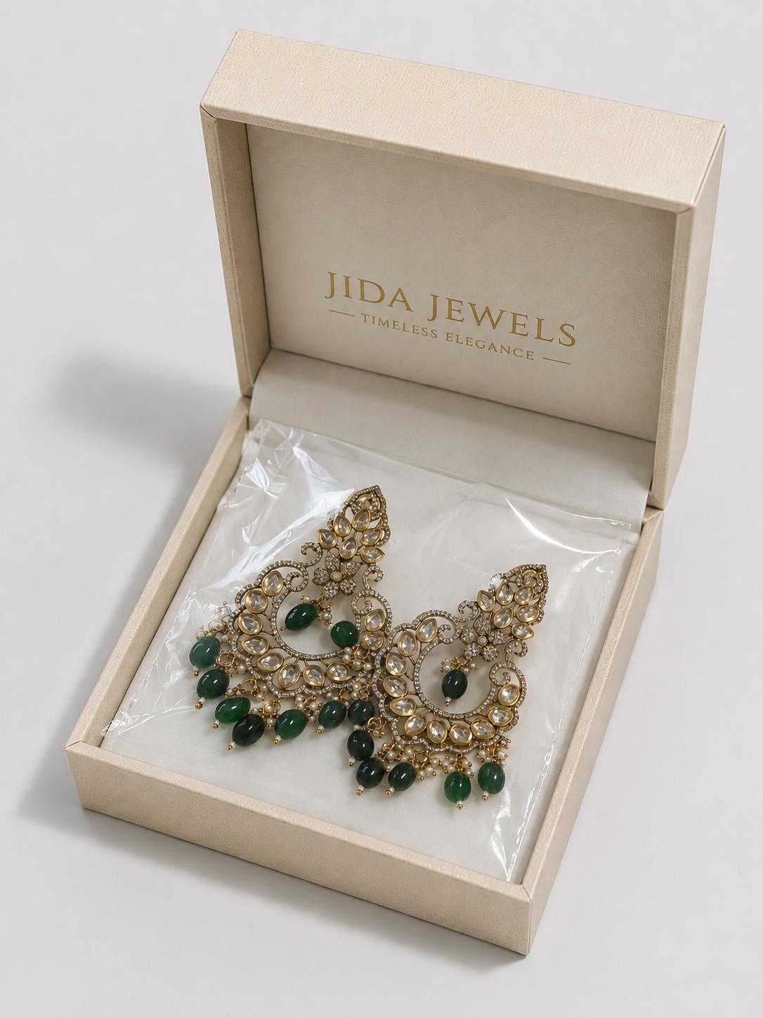 Women’s Kundan Chandbali Earrings, Green Beaded Statement Earrings