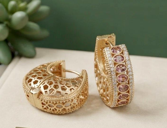Gold Plated Chunky Earrings, CZ Wide Hoop Earrings, Designer Statement Hoops