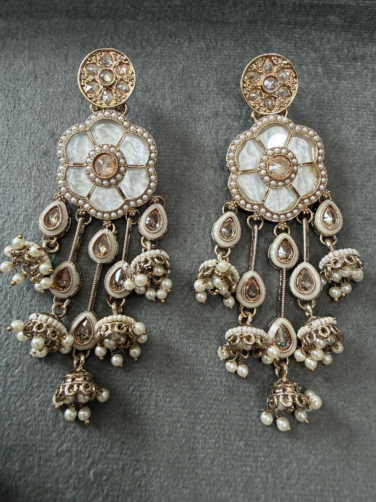 Gold Plated Floral Jhumka Earrings, Designer Pearl Statement Earrings, Vintage Bridal